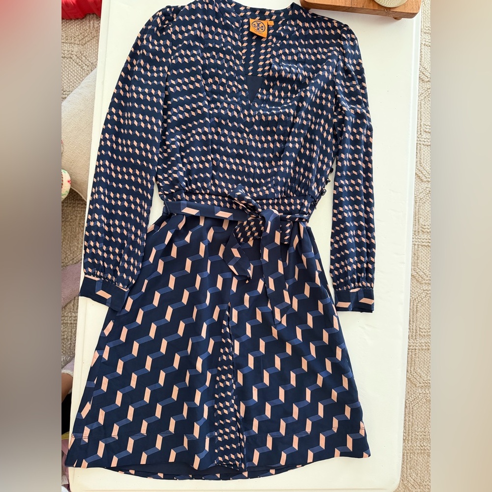 Tory Burch Navy and Nude Pink Long Sleeve Dress